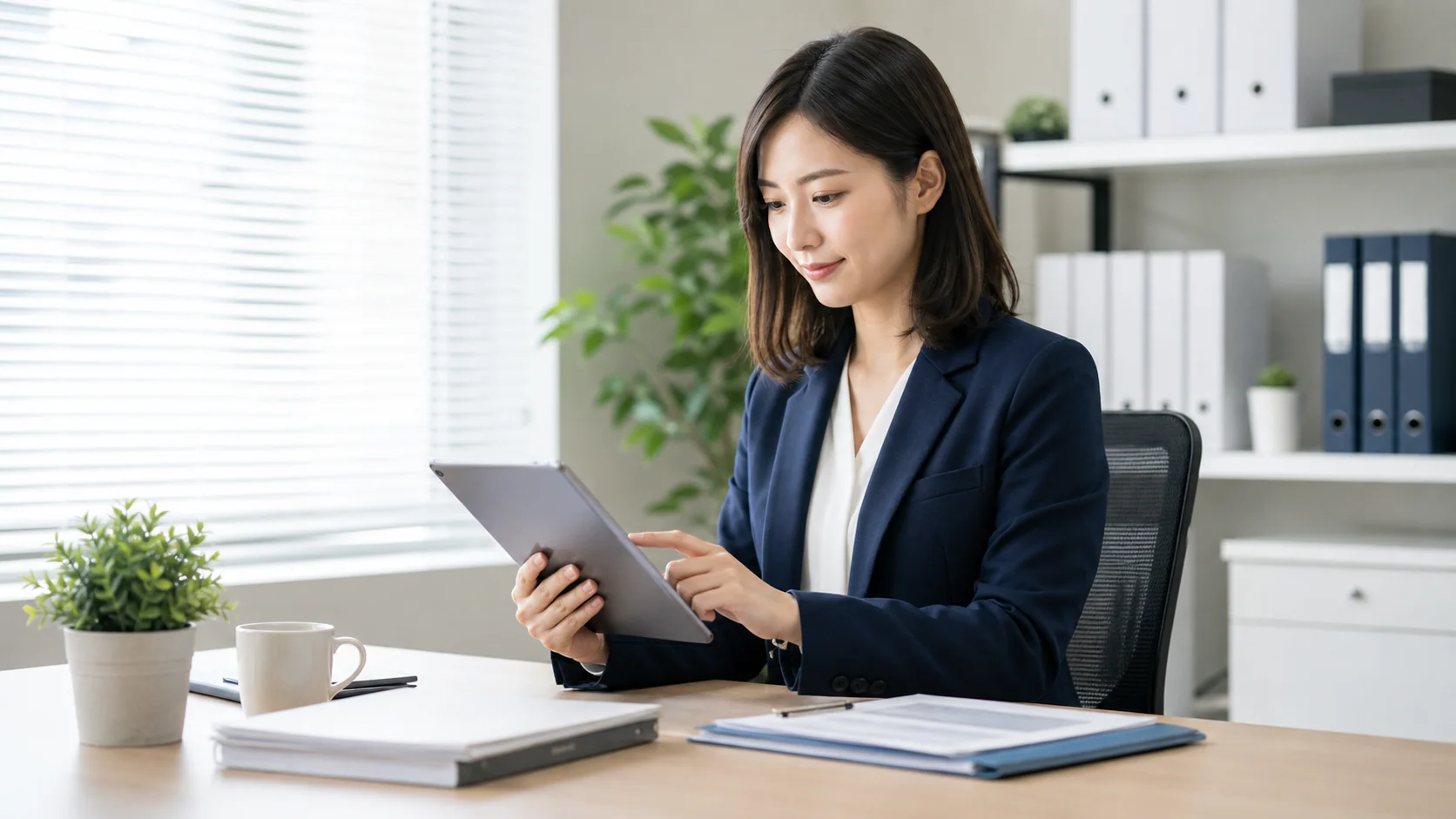 オフィスでタブレットを確認する女性管理担当者