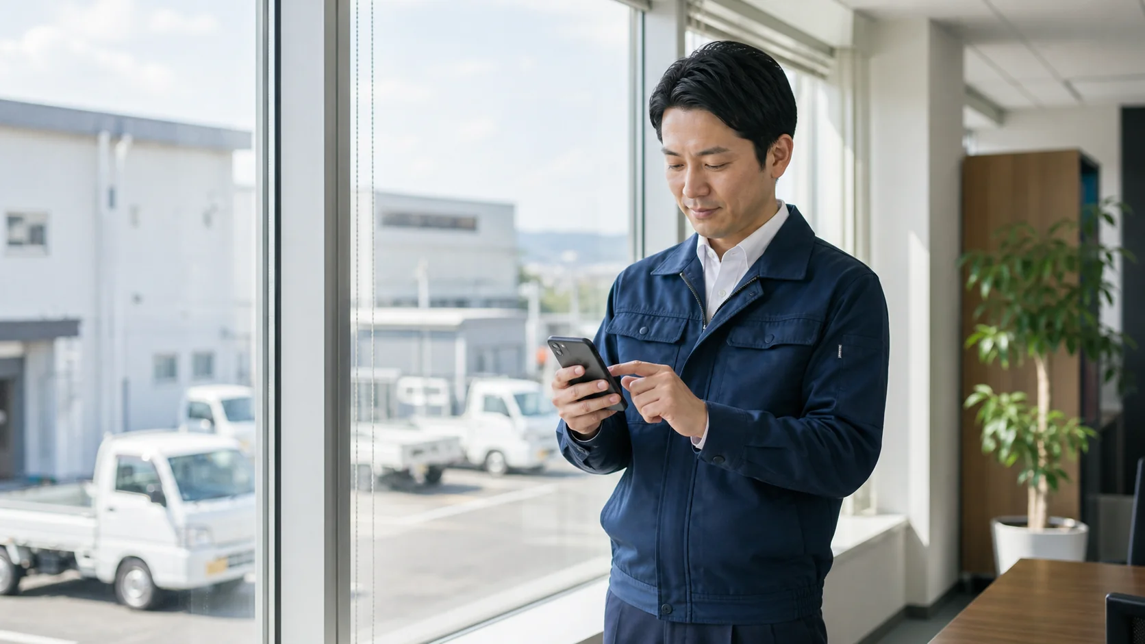 窓際でスマートフォンを操作する運行管理者